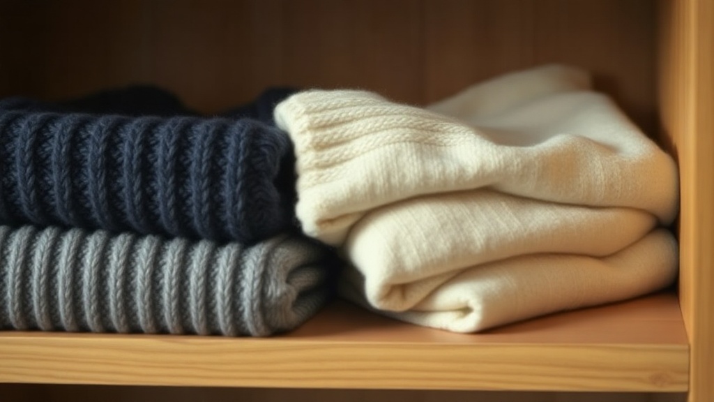Navy Shetland wool sweater and ivory cashmere sweater folded side by side on a wooden shelf, comparing textures