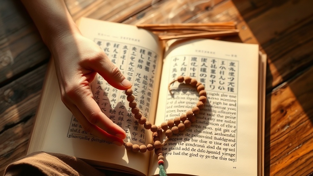 Hands holding a Buddhist mala over an open Tibetan text, with incense smoke in the background