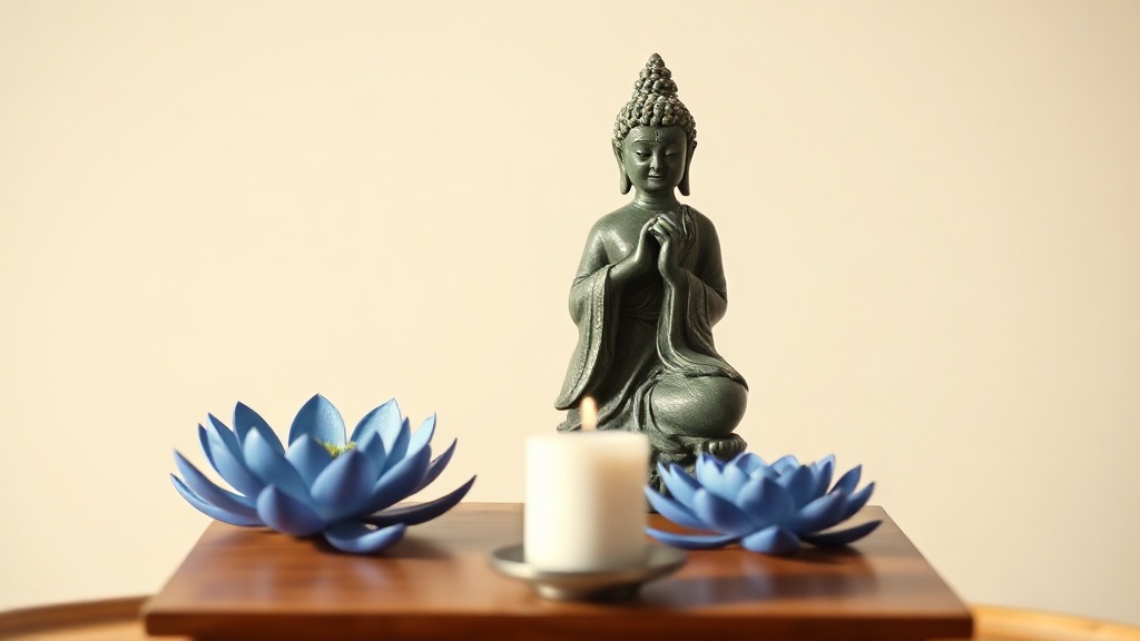 Green Tara statue with extended right leg on a wooden altar beside a candle and blue lotus flower