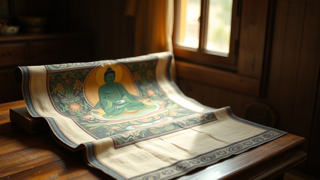 Tibetan thangka scroll of the 21 Taras partially unrolled on a wooden surface, showing green and multicolored deity forms