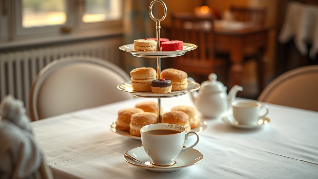 Présentoir à étages d'un afternoon tea anglais avec sandwichs, scones et petits gâteaux