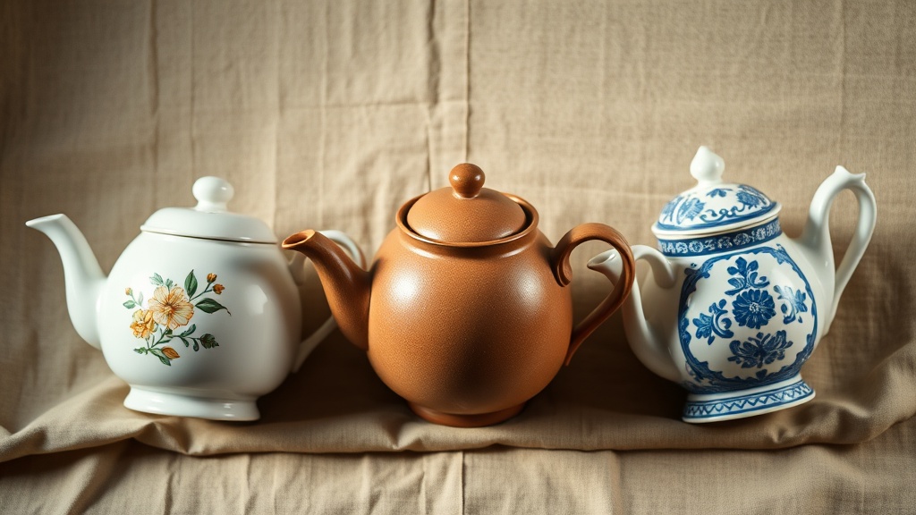 Trois théières anglaises côte à côte : bone china florale, brown betty en grès, faïence bleue et blanche
