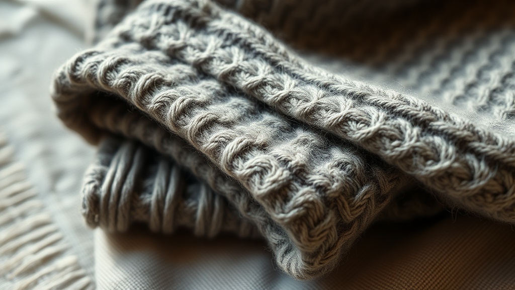 Close-up of a heather grey Shetland wool sweater showing natural fiber texture and rustic weave structure