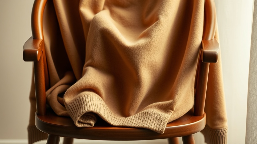 Fine camel cashmere sweater draped over a wooden chair, showing the fabric's soft drape and refined texture