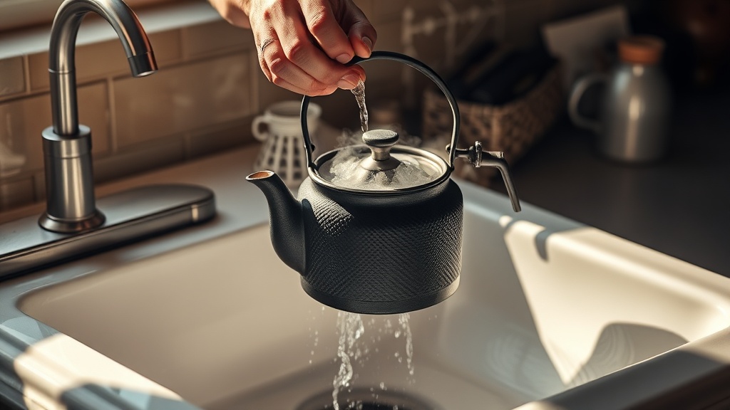 Rinçage d'une théière en fonte à l'eau chaude, sans détergent, geste quotidien d'entretien