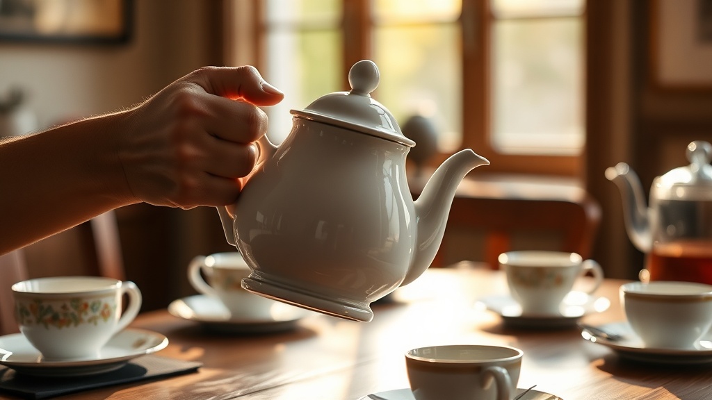 Théière anglaise en porcelaine blanche tenue à deux mains, lumière naturelle douce