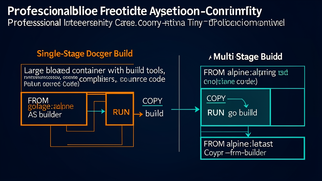 Comparison of single-stage vs multi-stage Docker builds showing size reduction