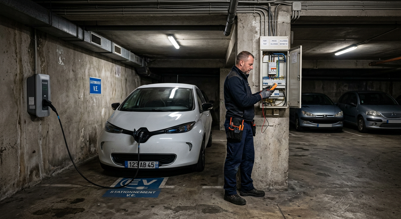Borne de recharge électrique IRVE installée dans un parking souterrain de copropriété avec un installateur vérifiant le tableau électrique.