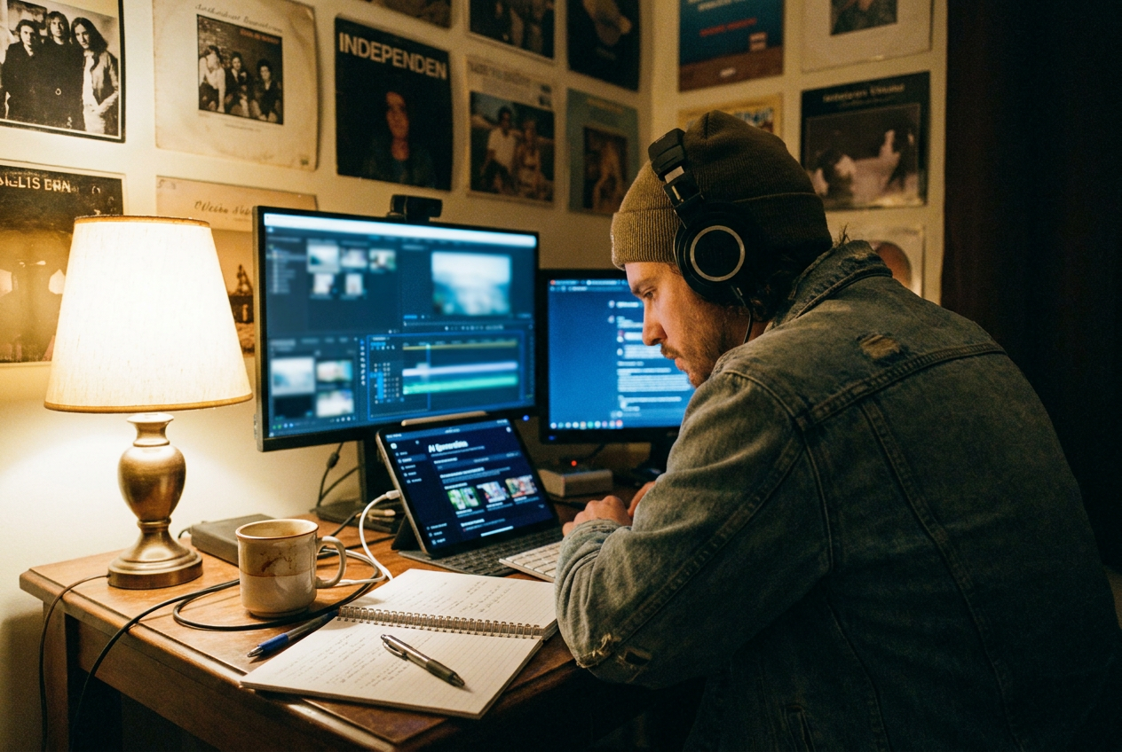An indie musician sitting at a desk with headphones, surrounded by glowing screens showing AI video generation software, contrasted against a dark room with posters of independent album art on the walls. Warm desk lamp light mixing with cool blue screen glow.