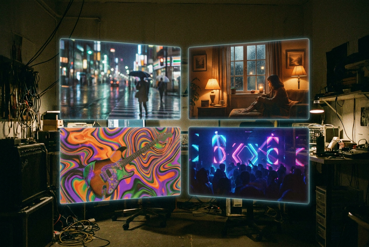 A split-screen comparison showing four different AI-generated music video styles — a moody hip-hop street scene, a dreamy lo-fi room with rain on windows, a psychedelic indie rock visual with swirling colors, and a neon EDM light show — all displayed on floating screens in a dark creative studio.