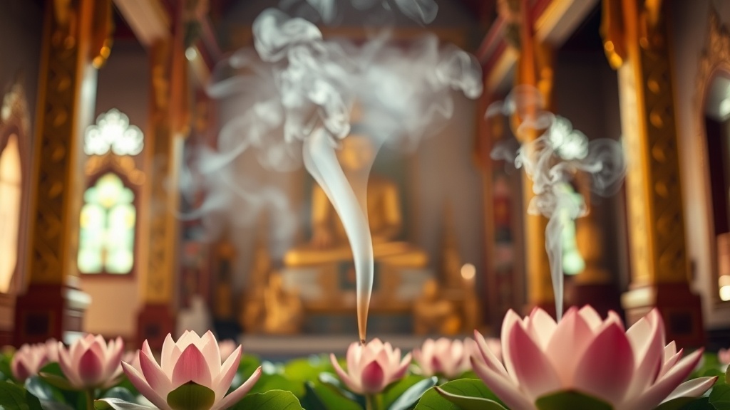 Intérieur d'un temple bouddhiste thaïlandais avec fumée d'encens et offrandes de lotus