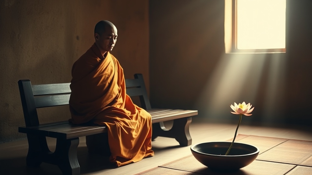 Robe safran de moine posée sur un banc de méditation dans un monastère bouddhiste baigné de lumière matinale