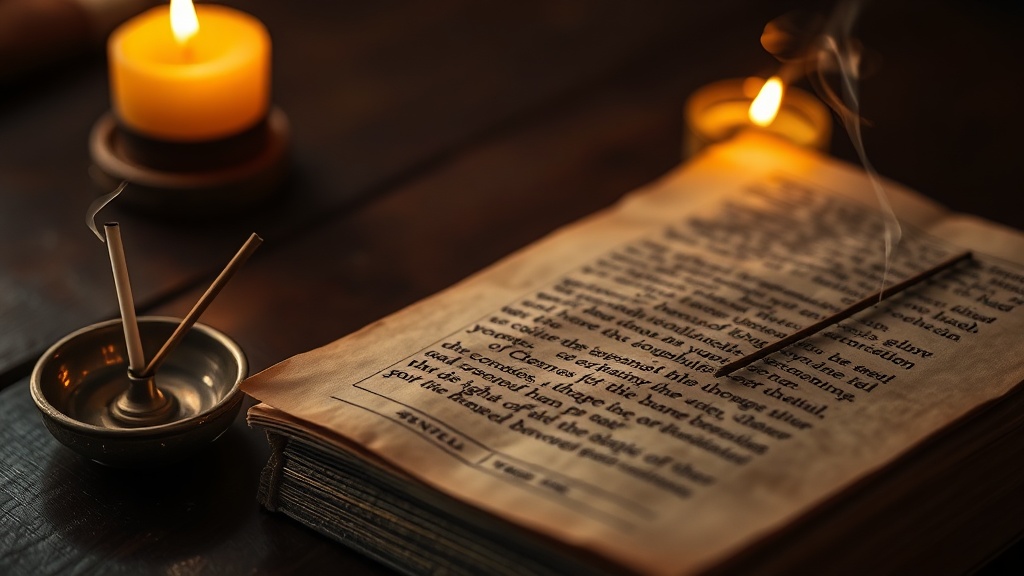 Manuscrit en pali sur papier ancien posé près d'un brûle-encens en laiton avec un filet de fumée montant