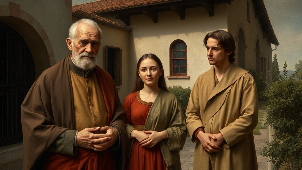 A contemplative religious family scene showing a father, daughter, and husband in a serene blessing