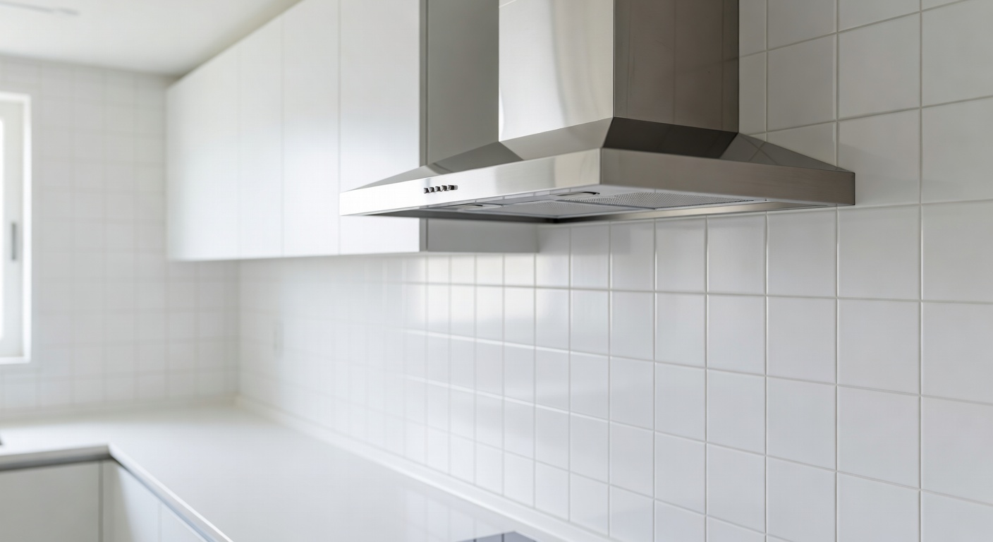 clean kitchen hood and tile wall after grease removal, bright white kitchen interior
