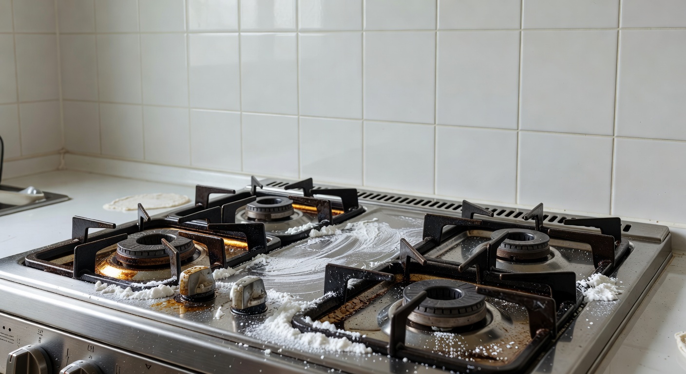kitchen stovetop with grease stains and baking soda paste applied, on a white tile background