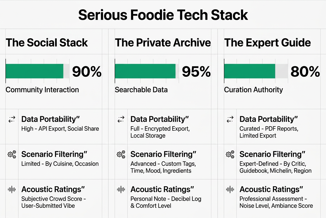 A professional comparison chart evaluating food tracking apps based on social interaction, data portability, and curation authority.