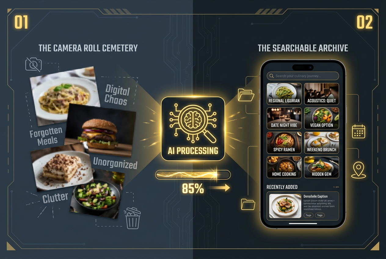 A split-screen infographic showing the transformation from a cluttered smartphone camera roll to an organized, AI-tagged culinary archive.