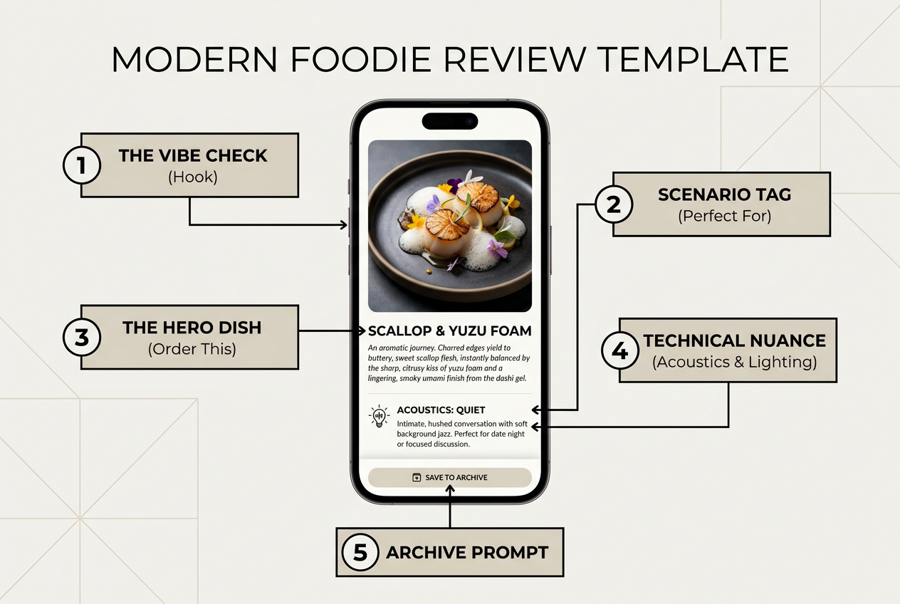 An infographic detailing the five essential components of a serious food review, including vibe checks, scenario tags, and acoustic ratings.