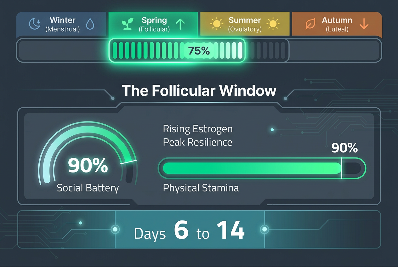 An infographic showing the four hormonal phases with a focus on the Follicular Spring phase, highlighting high social battery and physical stamina.