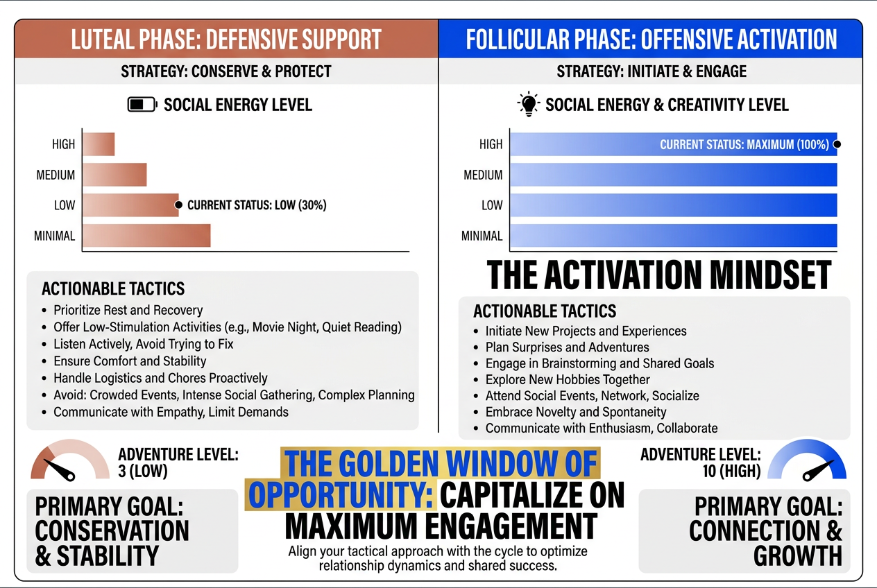 A comparison chart contrasting Luteal Phase defensive support with Follicular Phase offensive activation and relationship connection goals.