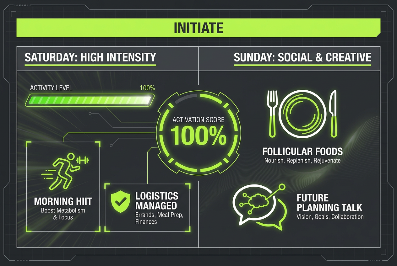 A tactical 48-hour weekend itinerary for the follicular phase, detailing high-intensity Saturday activities and creative Sunday connection points.