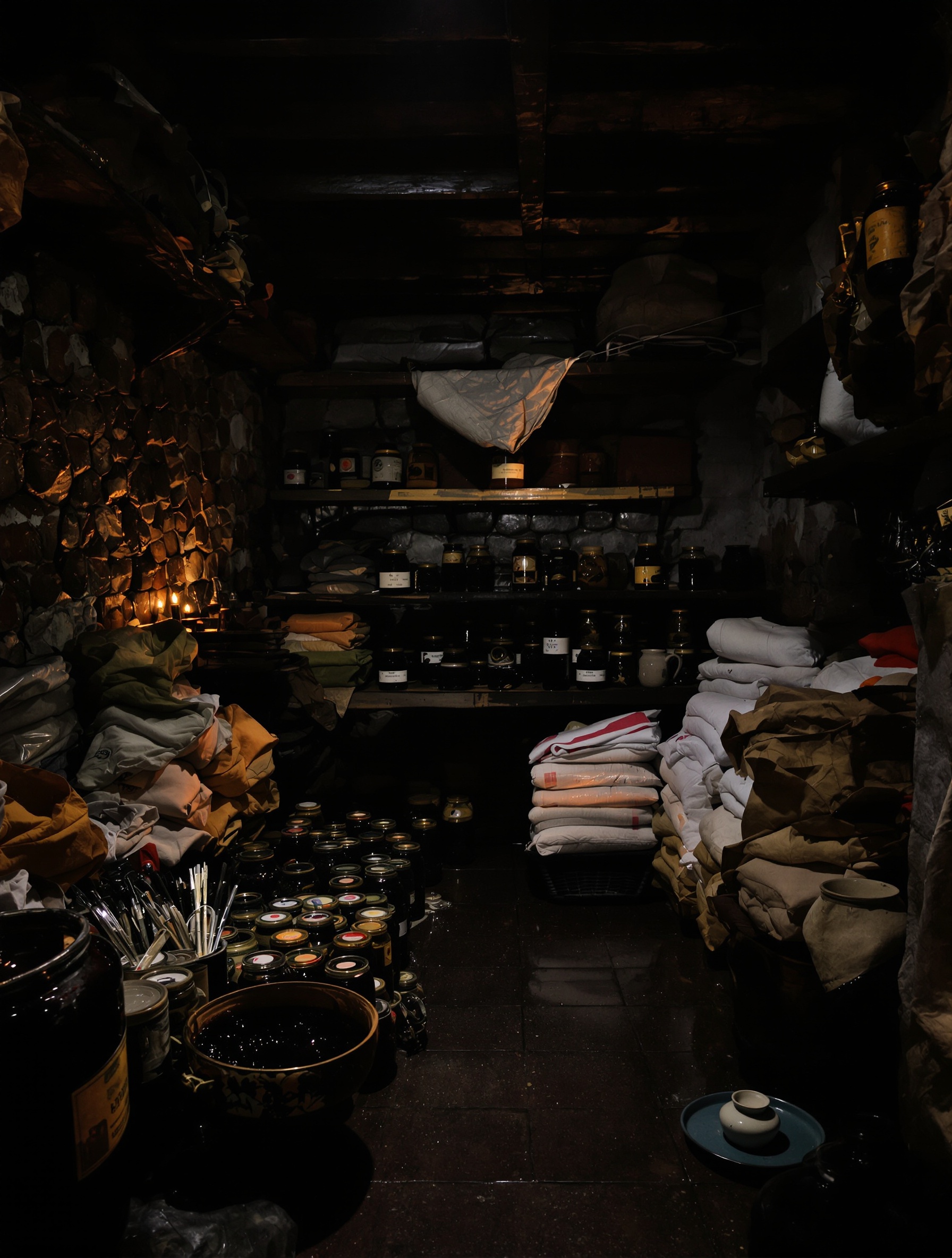 A candlelit stone cellar evoking the dense fruit-and-oud atmosphere of Crimson Cambodia by Al Khaldi.