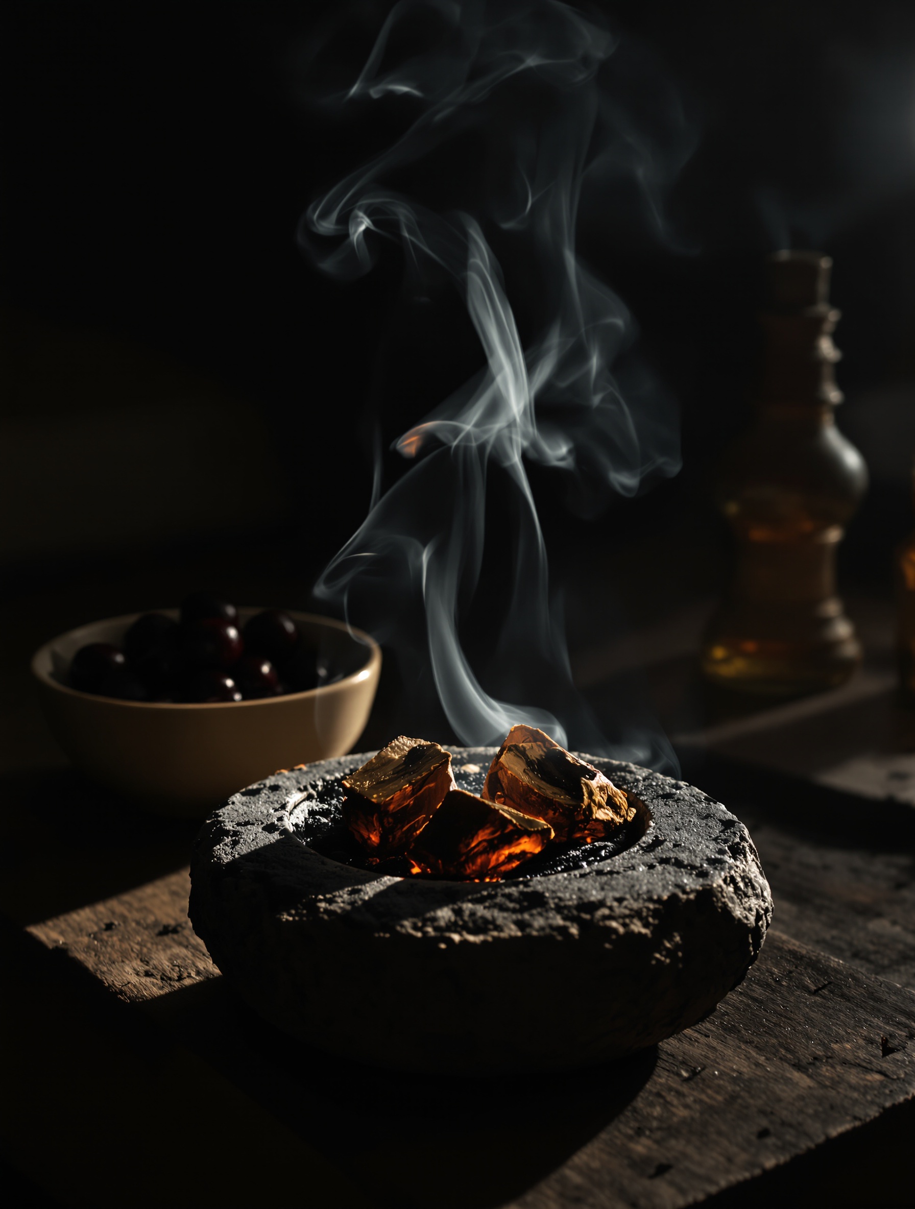 Cambodian agarwood smoldering on charcoal in a dim stone room, evoking the nocturnal soul of Crimson Cambodia.