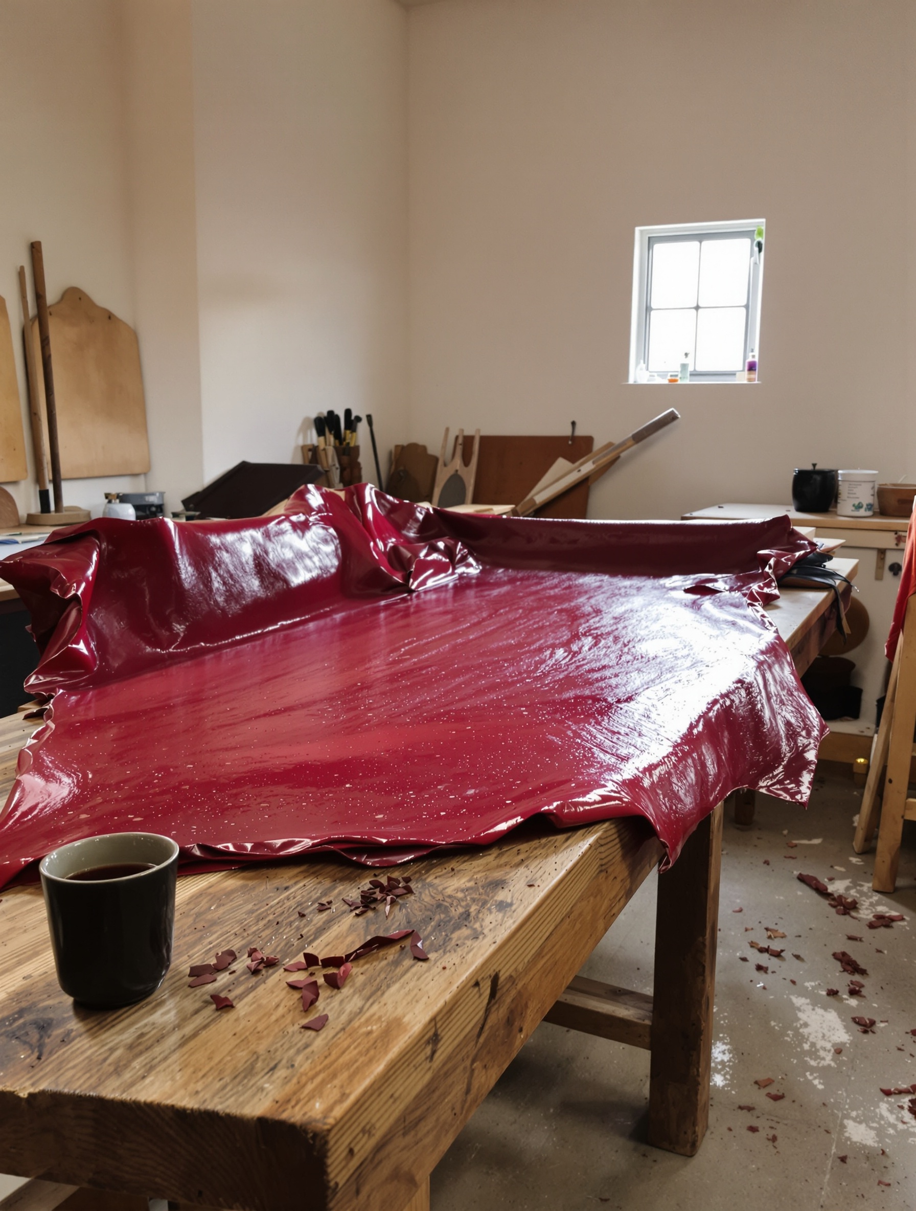 A crimson-dyed leather hide drying in a dim workshop, the visual origin story of Crimson Cambodia by Al Khaldi.