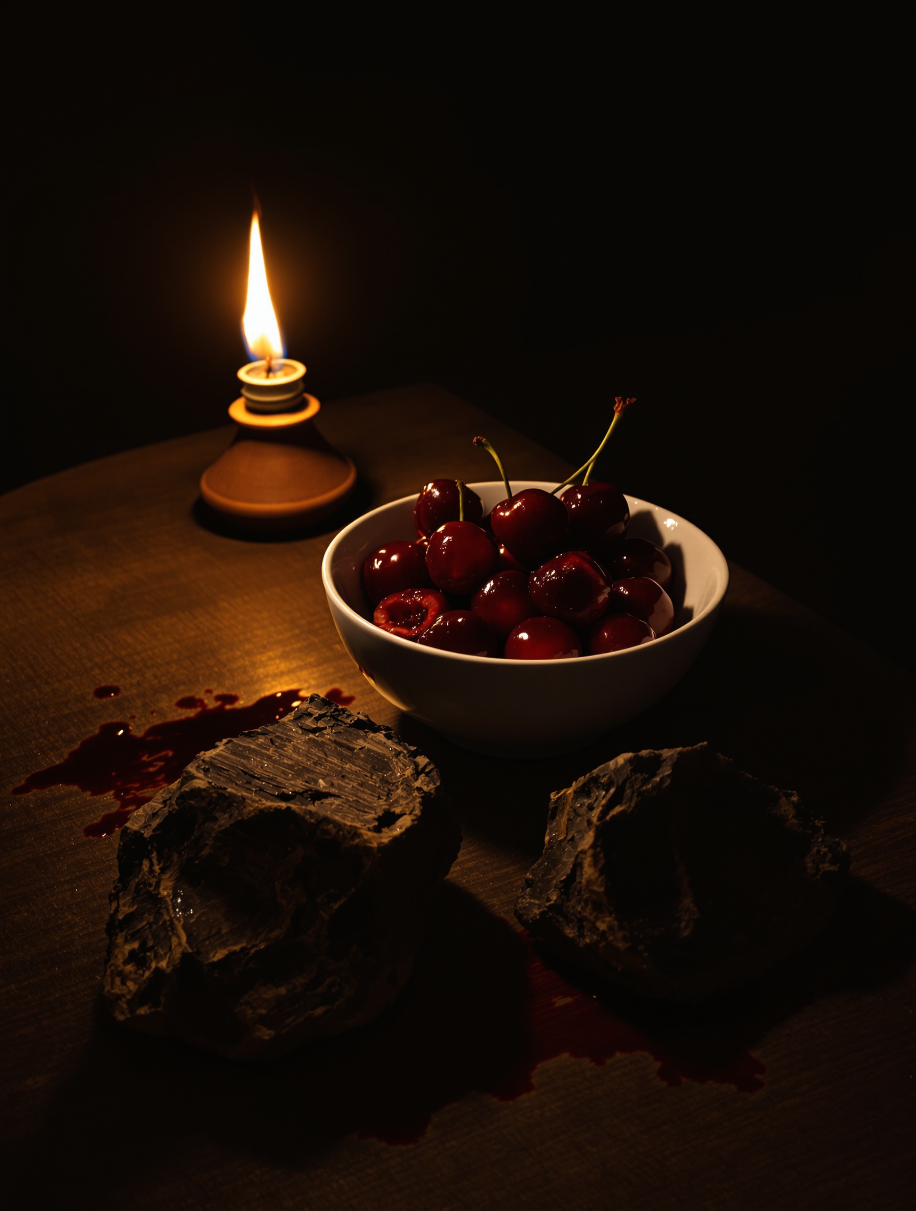 A candlelit still life of split dark cherries in a ceramic bowl beside chunks of aged resinous wood on a worn oak table.