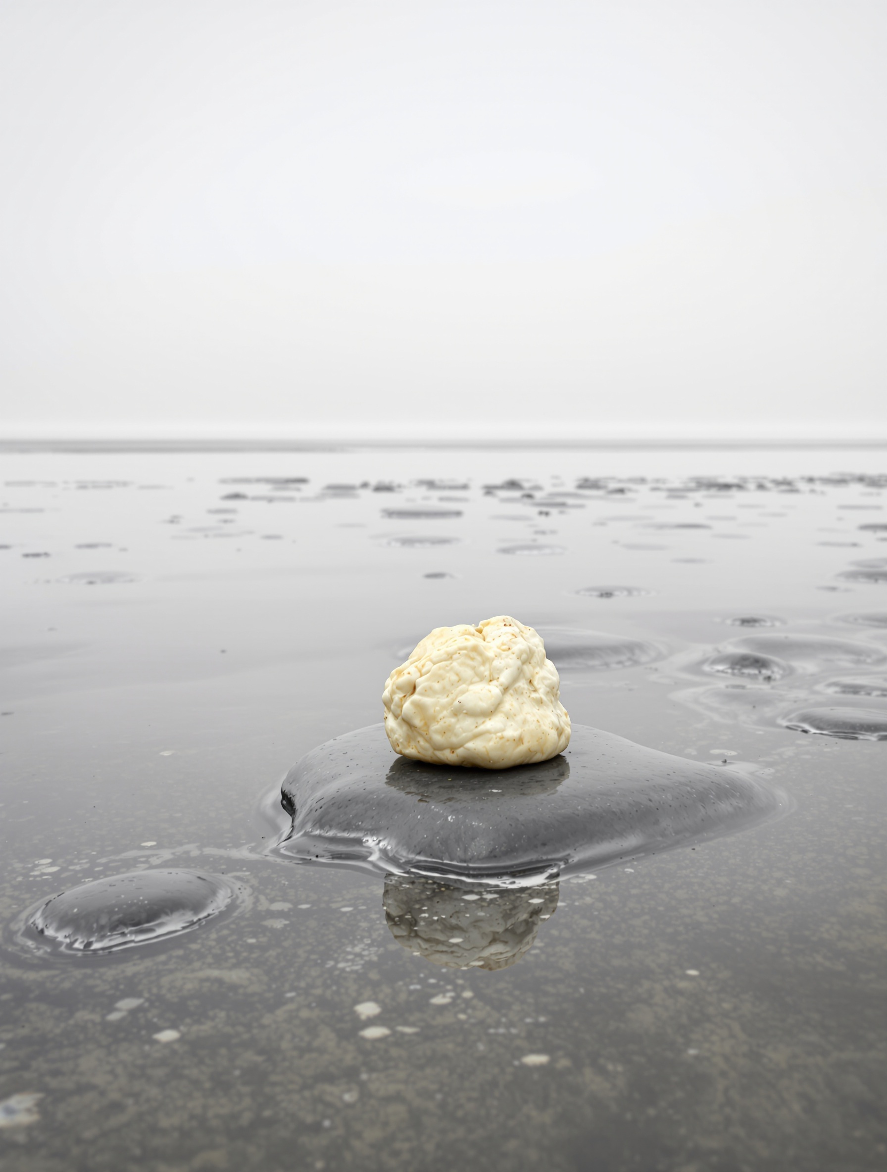 Raw ambergris on a coastal stone in sea fog, evoking Al Khaldi Ambergris Myanmar.