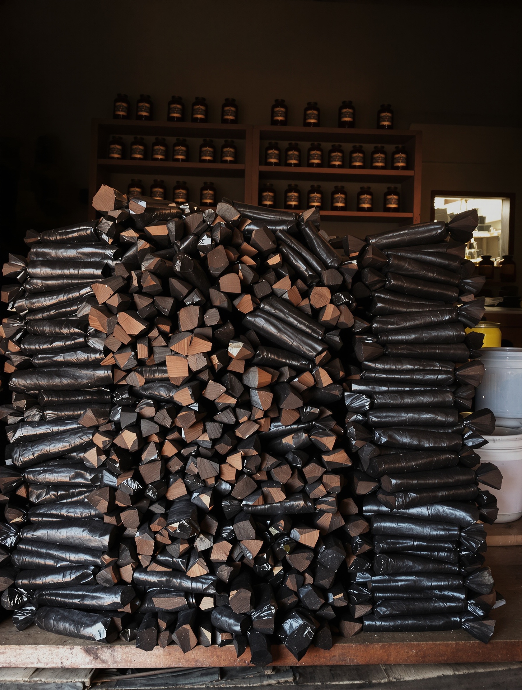 Stacked Myanmar oud wood on a merchant's low table in a dim workshop, evoking Al Khaldi Ambergris Myanmar.