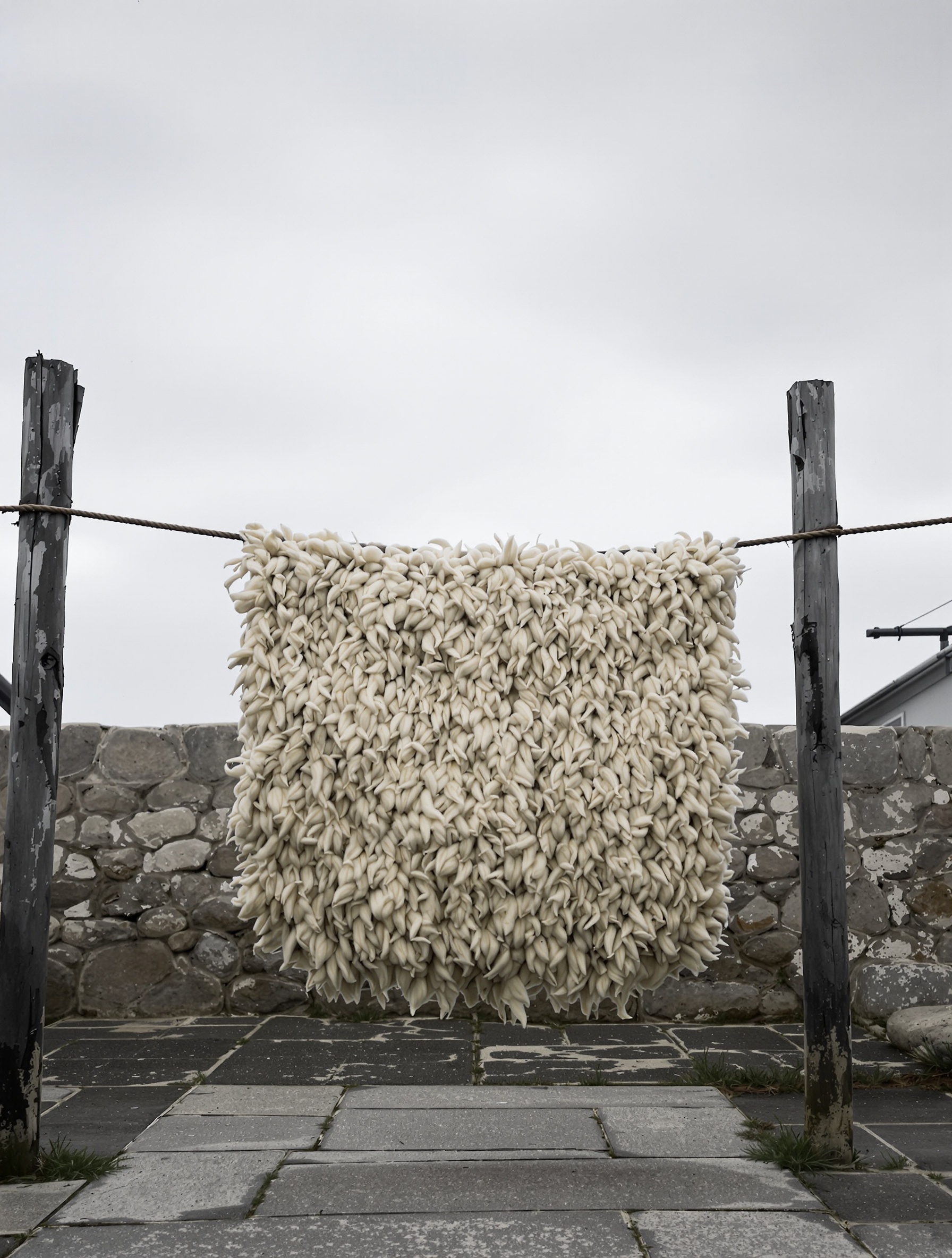 A lanolin-heavy unwashed fleece hanging on a rope in a grey coastal yard, evoking Al Khaldi Ambergris Myanmar.