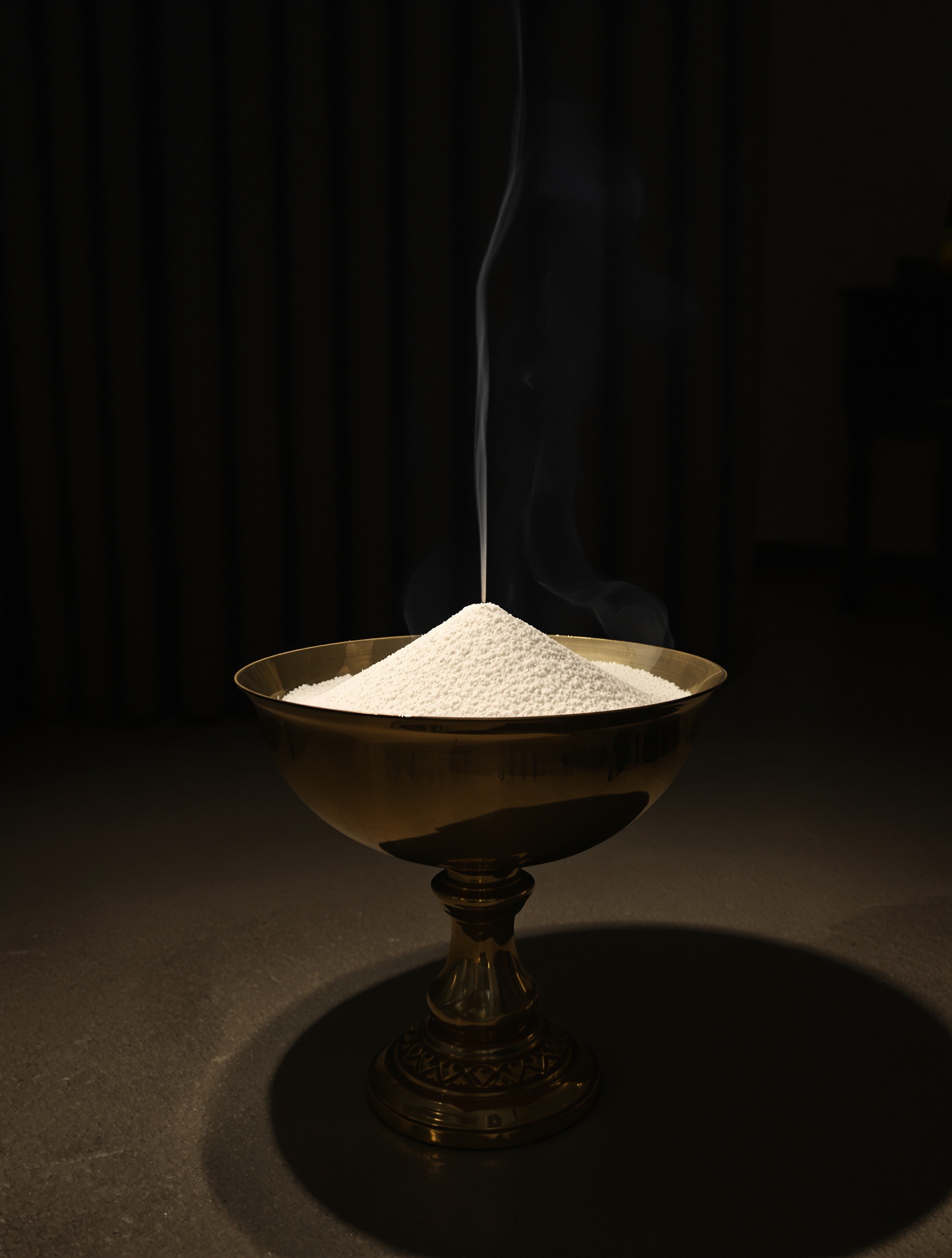 A brass bakhoor thurible with cooling ash and a last thread of smoke in a dark curtained room, evoking Al Khaldi Ambergris Myanmar.