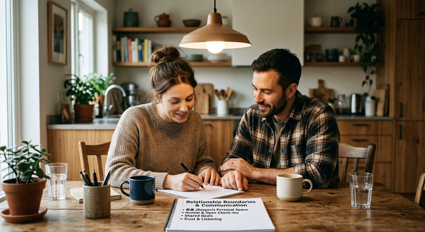 A candid, realistic photo-style illustration of a couple at a kitchen table writing down relationship boundaries on paper,...