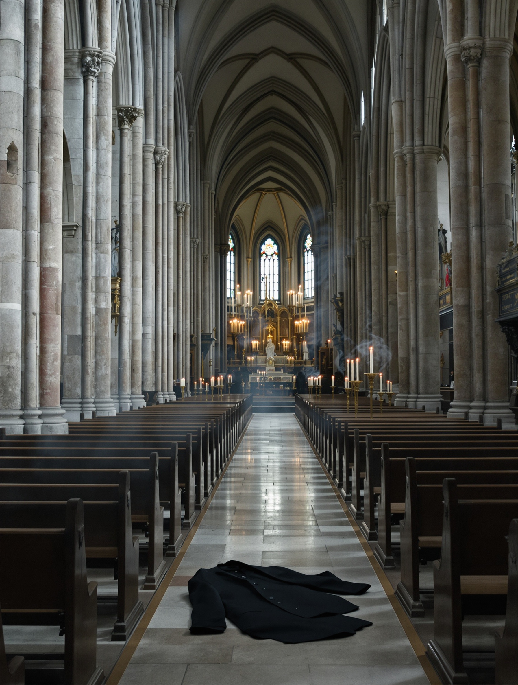 An abandoned wool overcoat draped over a pew in an empty Gothic cathedral, incense smoke drifting through cold candlelight toward a distant altar.