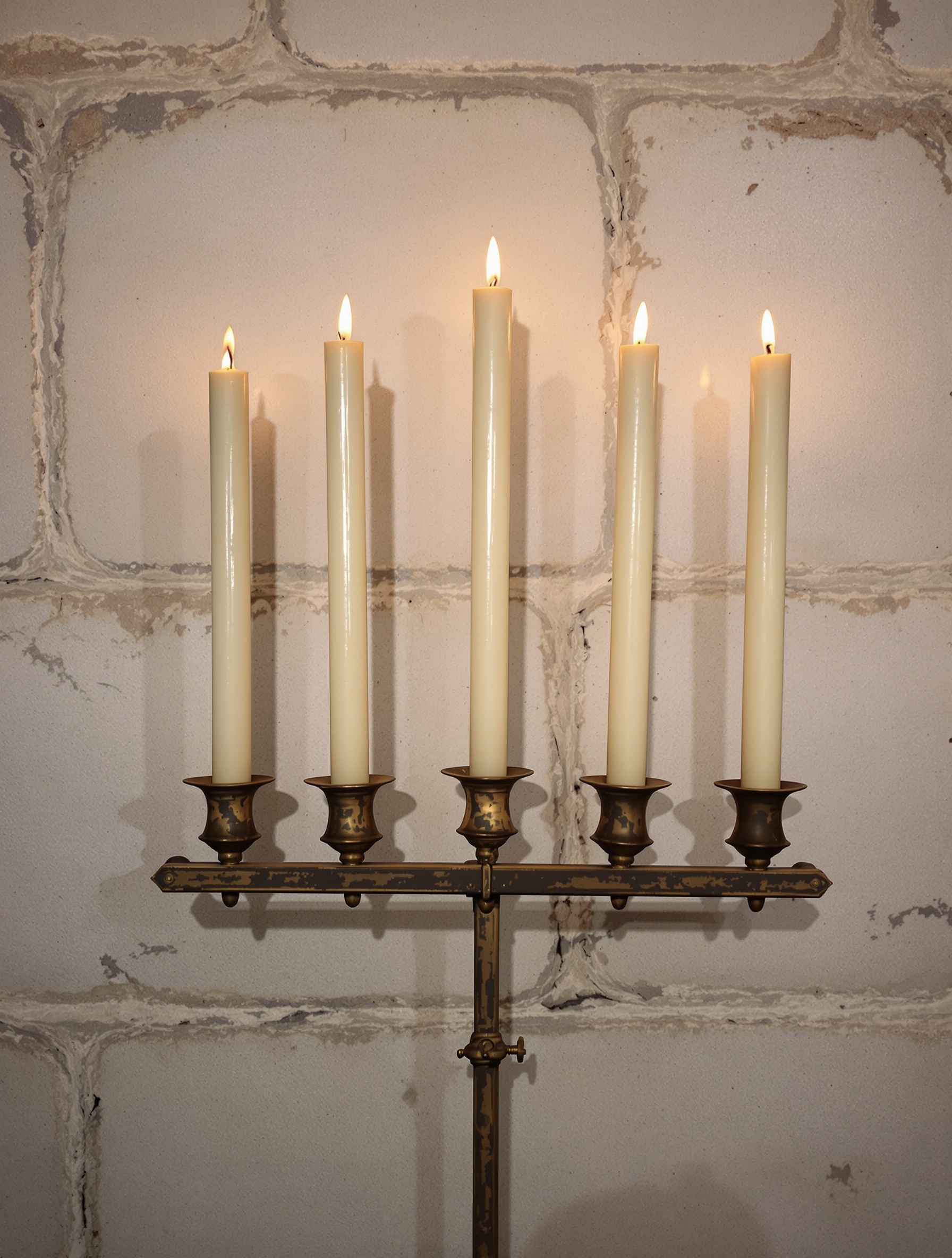 A single altar candle burning in a row of spent ones, wax pooled on cold cathedral stone, for Domus Numeni by Toskovat.