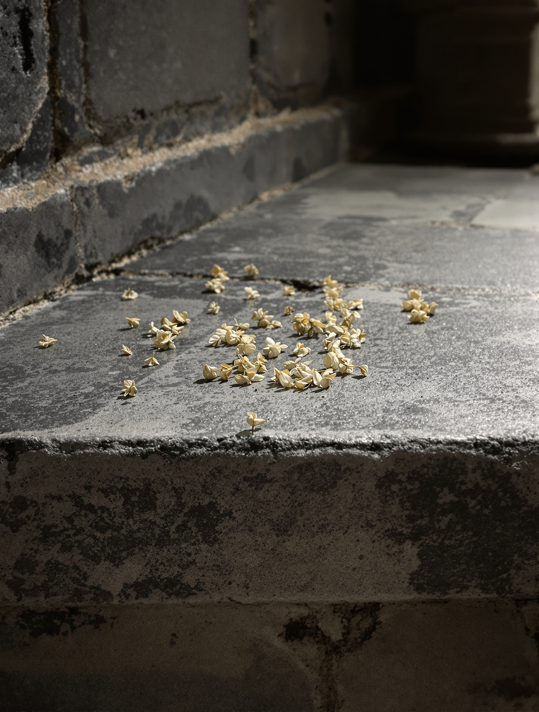 Dried immortelle flowers scattered on a cold stone ledge inside a dim church, evoking the funerary world of Domus Numeni by Toskovat.