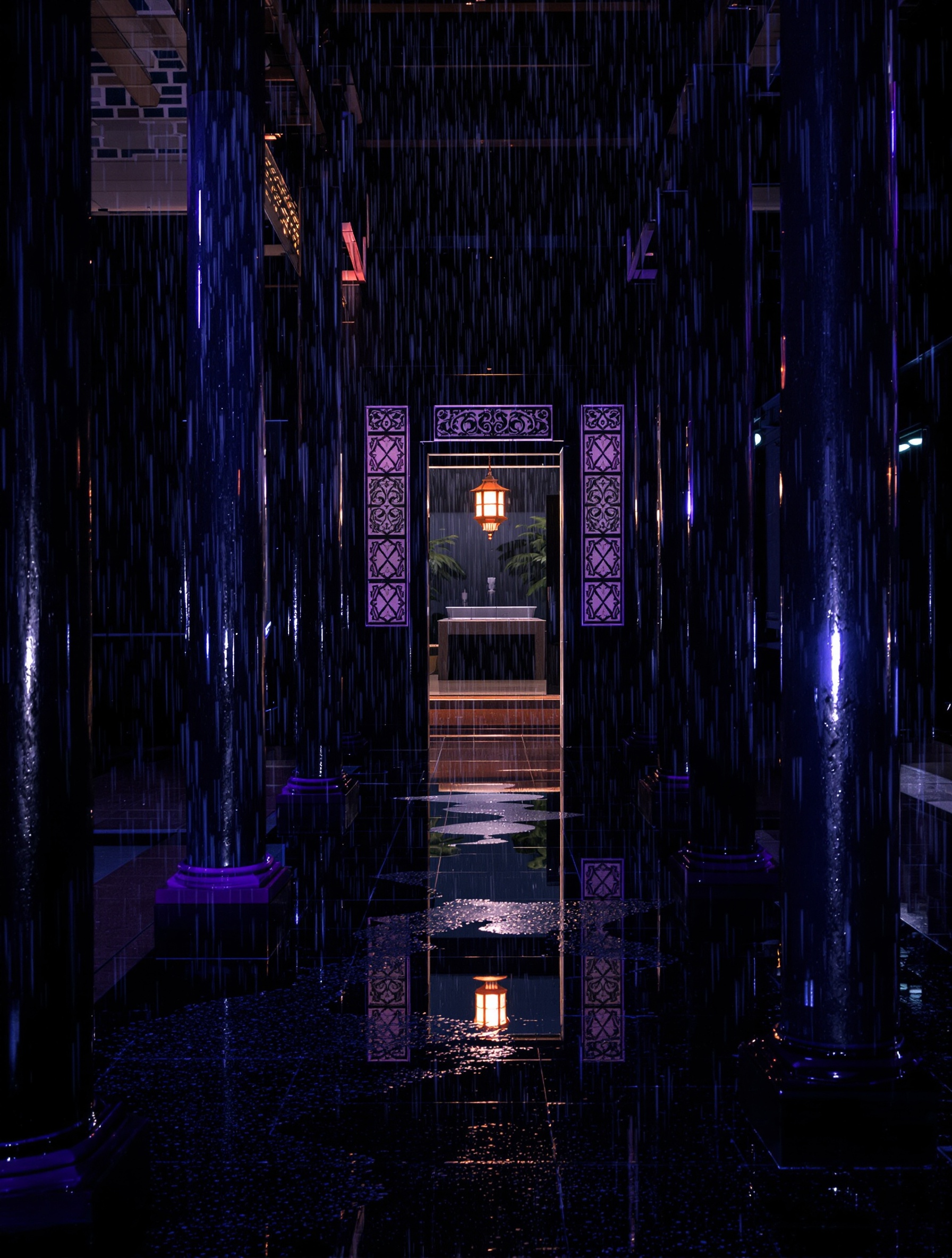 A rain-soaked temple courtyard at night in Hue, reflecting cold violet lantern light, evoking the solitary sacred world of Purple Rain Überblau.