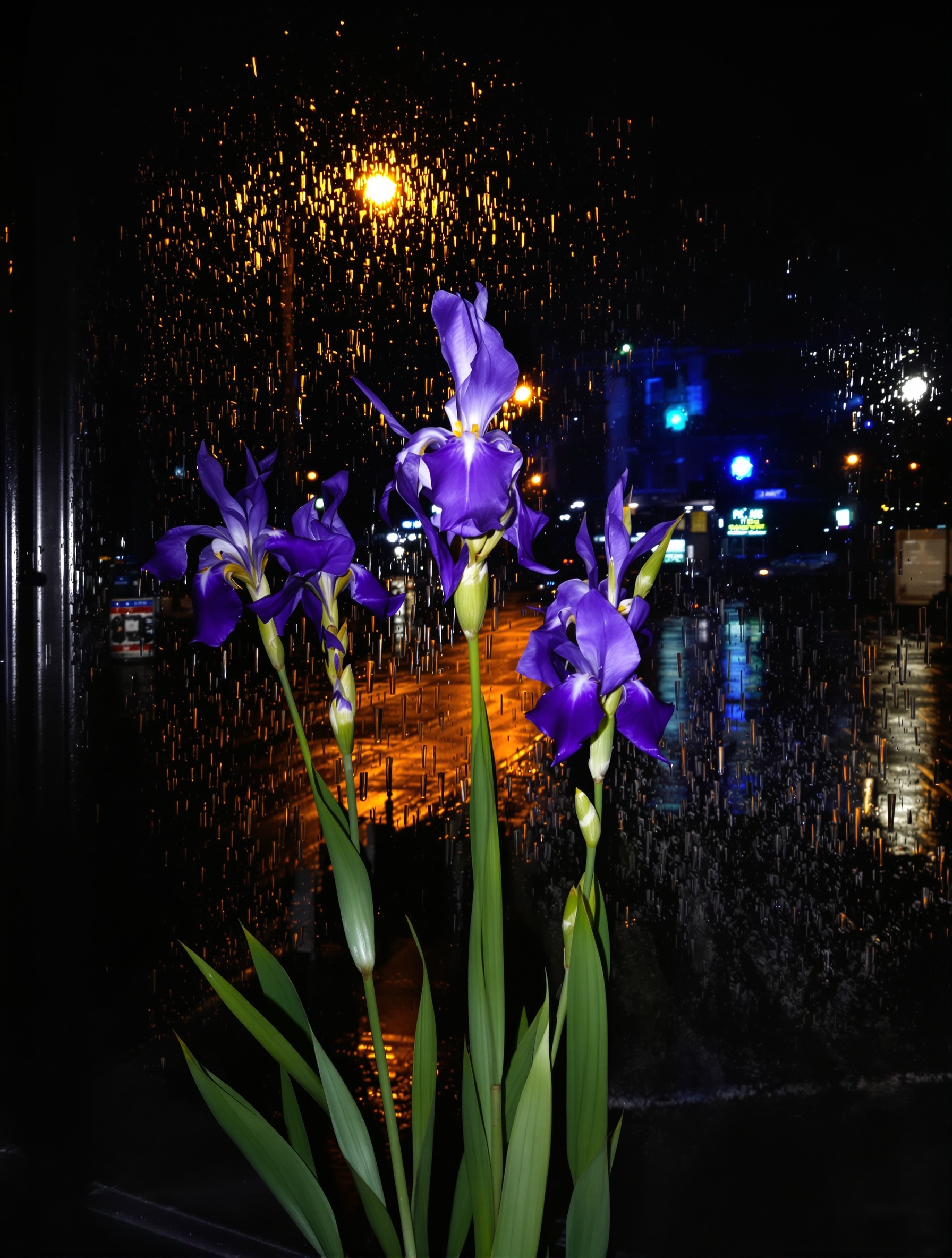 Tall purple iris stems press against a rain-beaded window at night, their blue-violet blooms backlit by the blurred glow of a wet street outside.