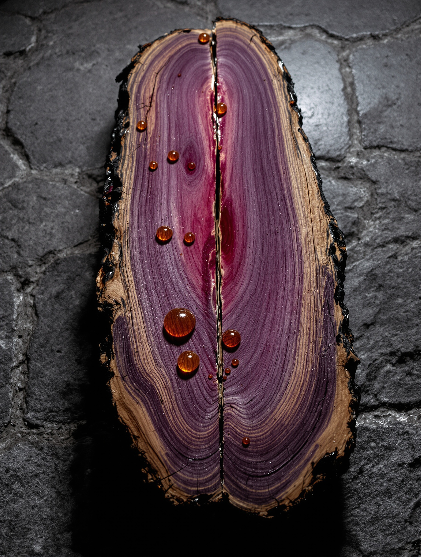 Split kinam agarwood resting on grey stone in candlelight, its violet grain and wet resin revealed, the raw heart of Purple Rain Überblau.