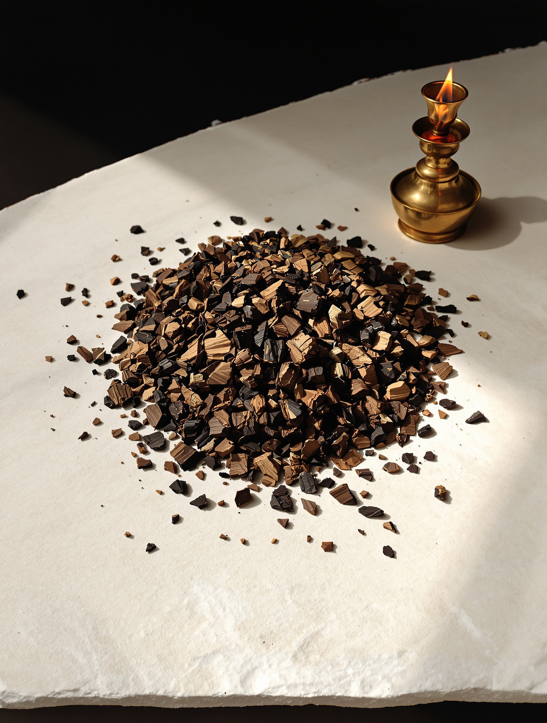 Raw Thai agarwood chips on a limestone slab under brass lamplight, the visual heart of Prince of Persia by Lost Tribe.