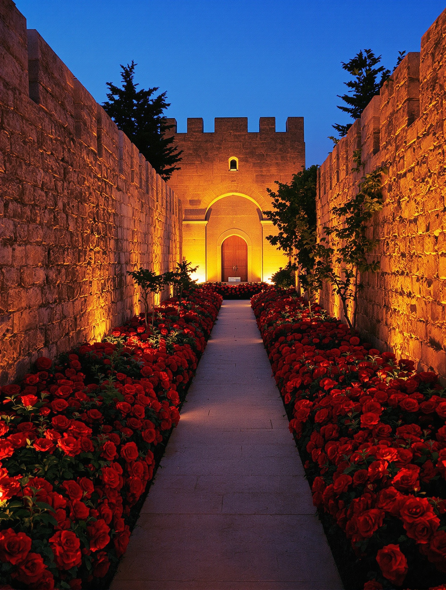 A real photograph of a walled Persian garden at blue hour, warm amber light on ancient stone walls flanking a stone path lined with overblown crimson roses leading to a distant arched gateway.