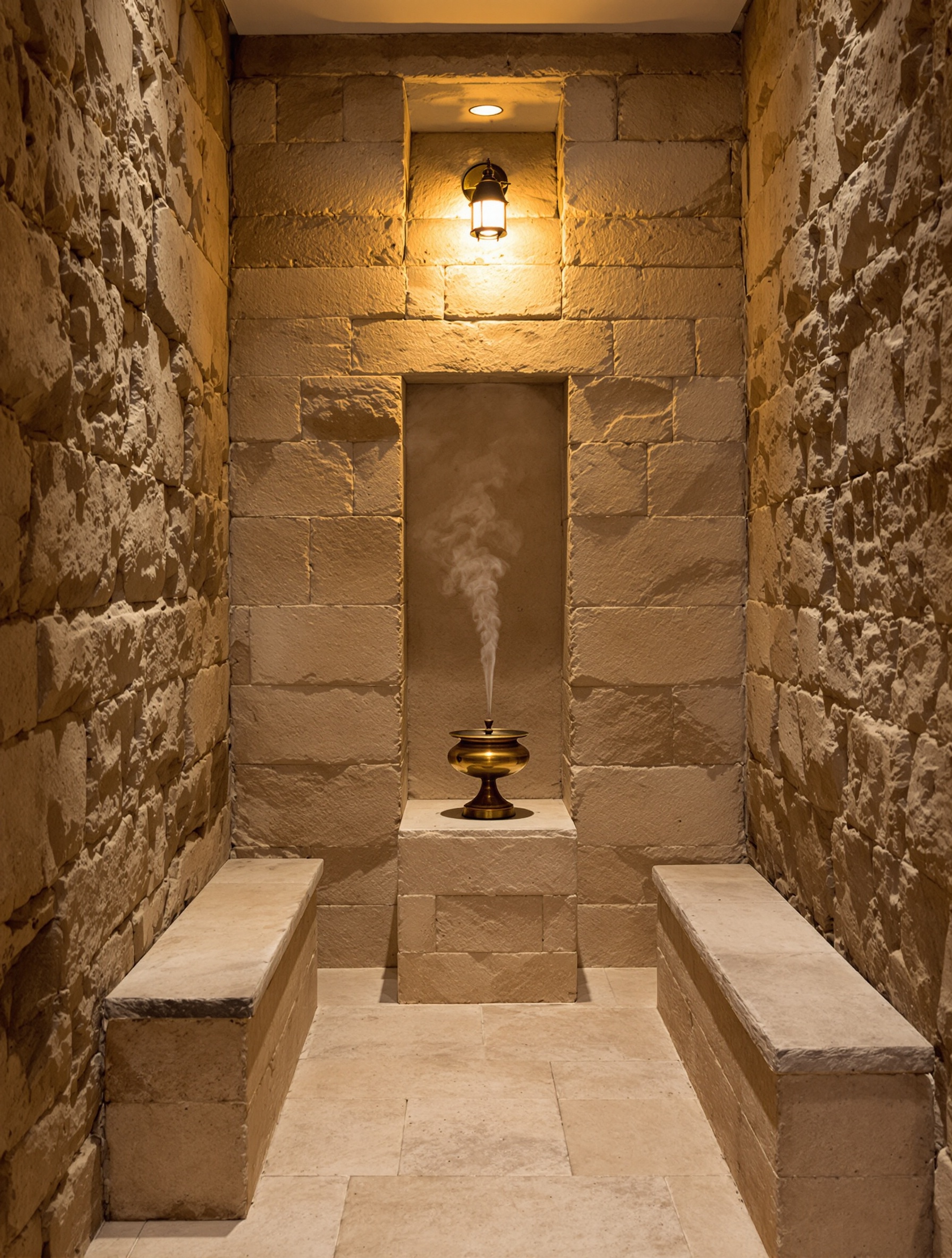 A dim ancient limestone antechamber with a brass incense burner releasing a thin thread of smoke toward a warm amber wall lamp, the narrow corridor receding into shadow.