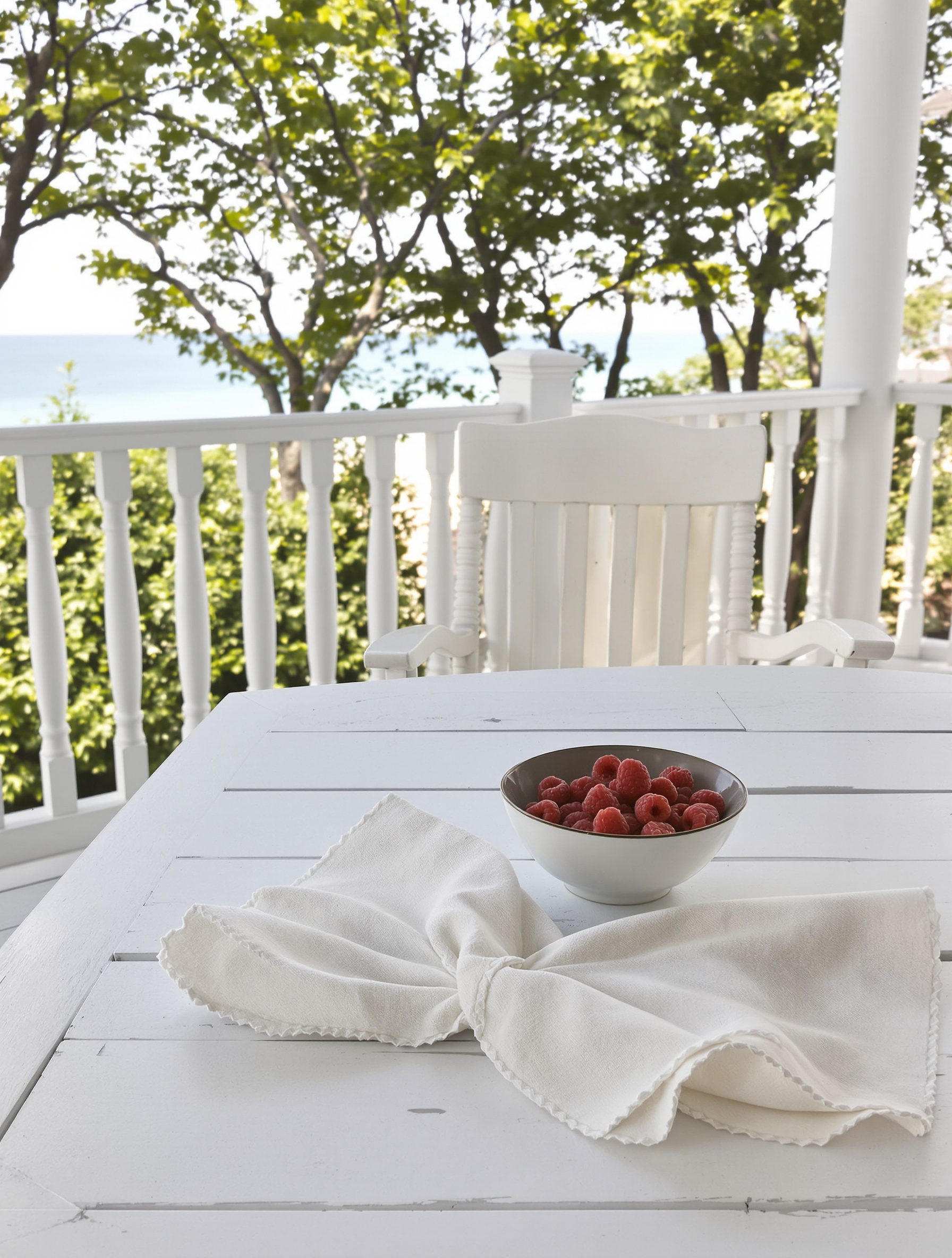 A sunlit porch table at a Hamptons estate with raspberries and a damp swimsuit over the railing, evoking The Hamptons by Lost Tribe.