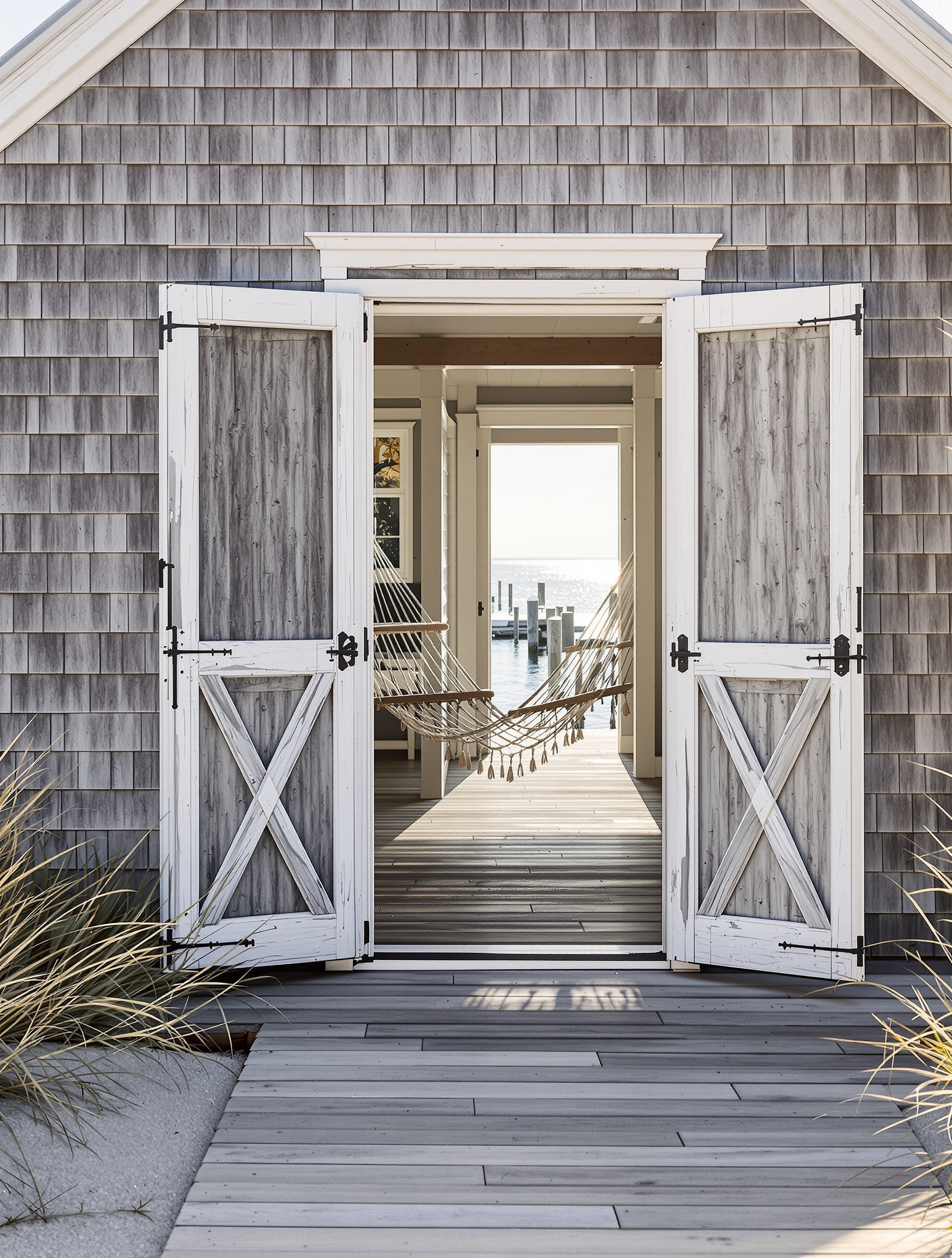 A weathered grey-shingled boathouse with an open door and empty hammock on a Hamptons dock, evoking The Hamptons by Lost Tribe.