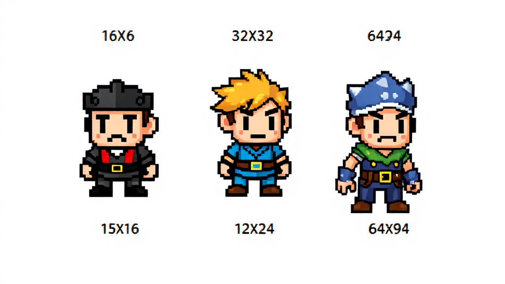 16/32/64 像素 sprite 尺寸並排比較