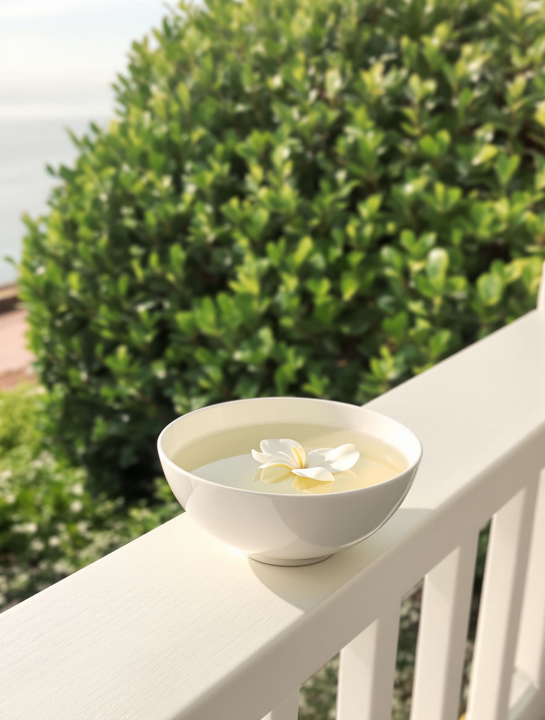 A white ceramic bowl with a floating gardenia on a Hamptons porch rail, evoking The Hamptons by Lost Tribe.