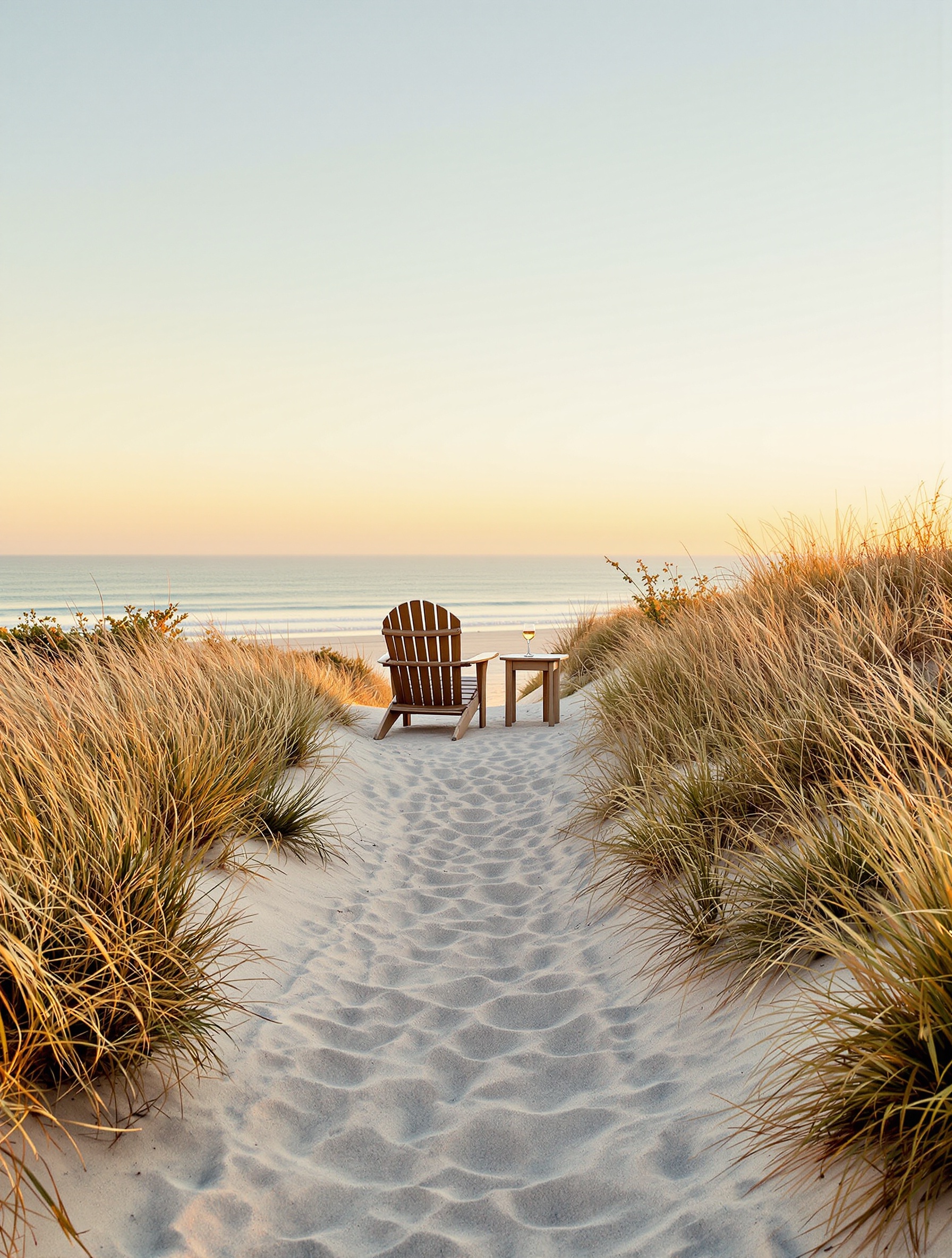 A dune path with a lone empty chair and wine glass overlooking the Atlantic in late-afternoon gold, evoking The Hamptons by Lost Tribe.