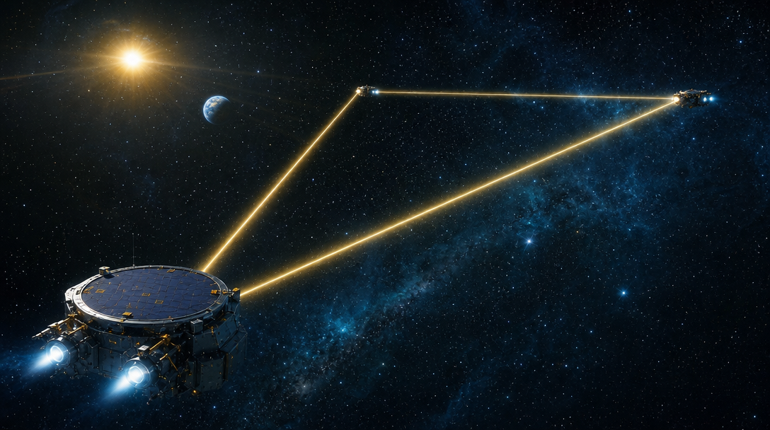 Le détecteur spatial LISA, triangle de trois satellites reliés par laser